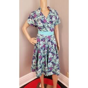 60s Style Handmade Dress in a Lively Floral with Contrasting Trim - L